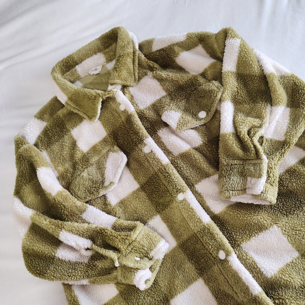 Terra & Sky Olive Cream Plaid Sherpa Shacket 2X
